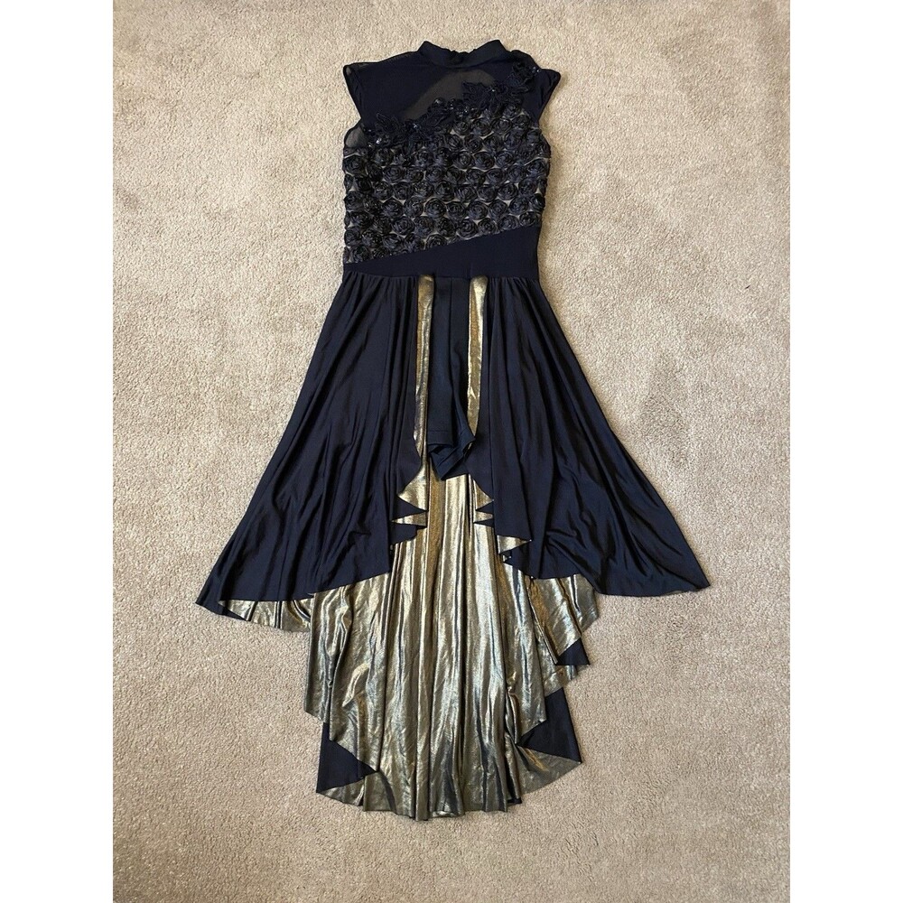 Costume Gallery Black & Gold High Lo Shimmer Dance Wear Dress 3D Rosette Size AM